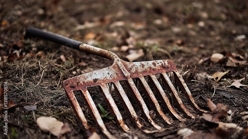 Rusty Garden Rake on Autumn Soil: A Close-Up