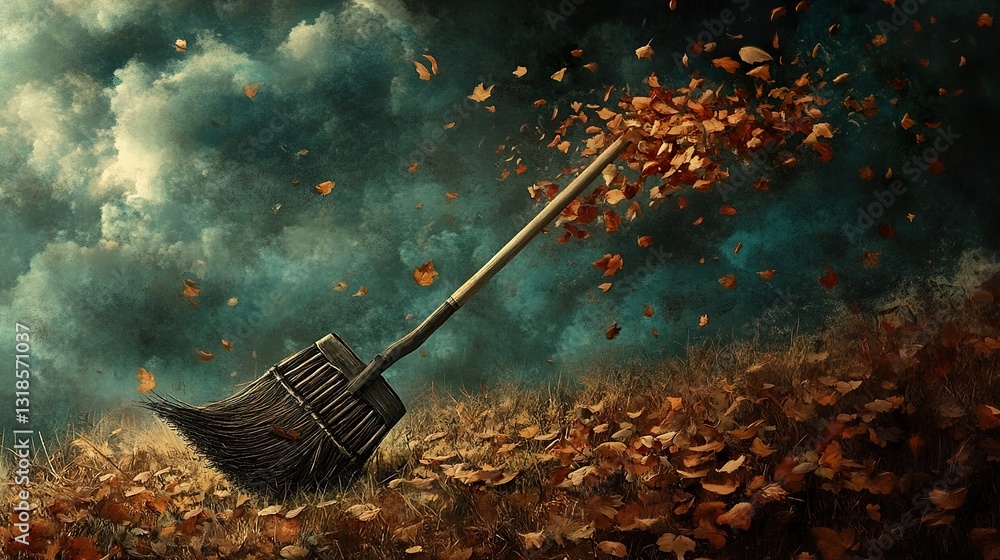 Autumnal Landscape: A Broom and Falling Leaves