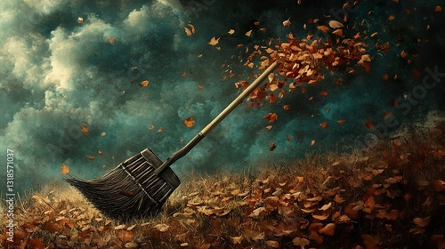 Obraz na płótnie Autumnal Landscape: A Broom and Falling Leaves w salonie