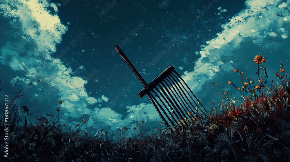Night Landscape: Pitchfork in a Flower Field