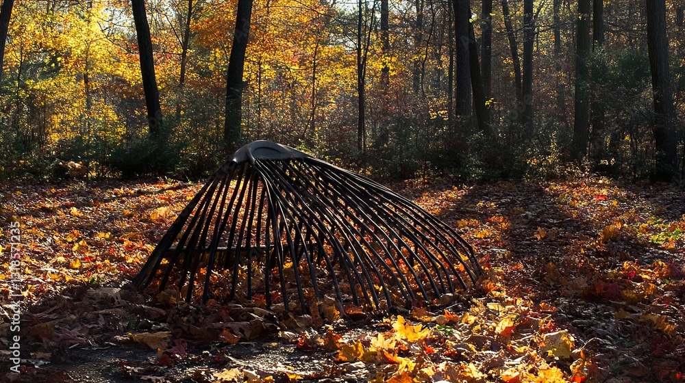 Autumnal Forest Scene: Sunlit Leaves and Rake