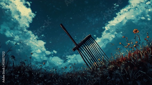 Night Landscape: Pitchfork in a Flower Field
