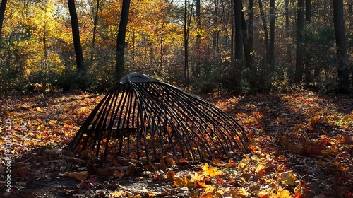 Obraz na płótnie Autumnal Forest Scene: Sunlit Leaves and Rake w salonie