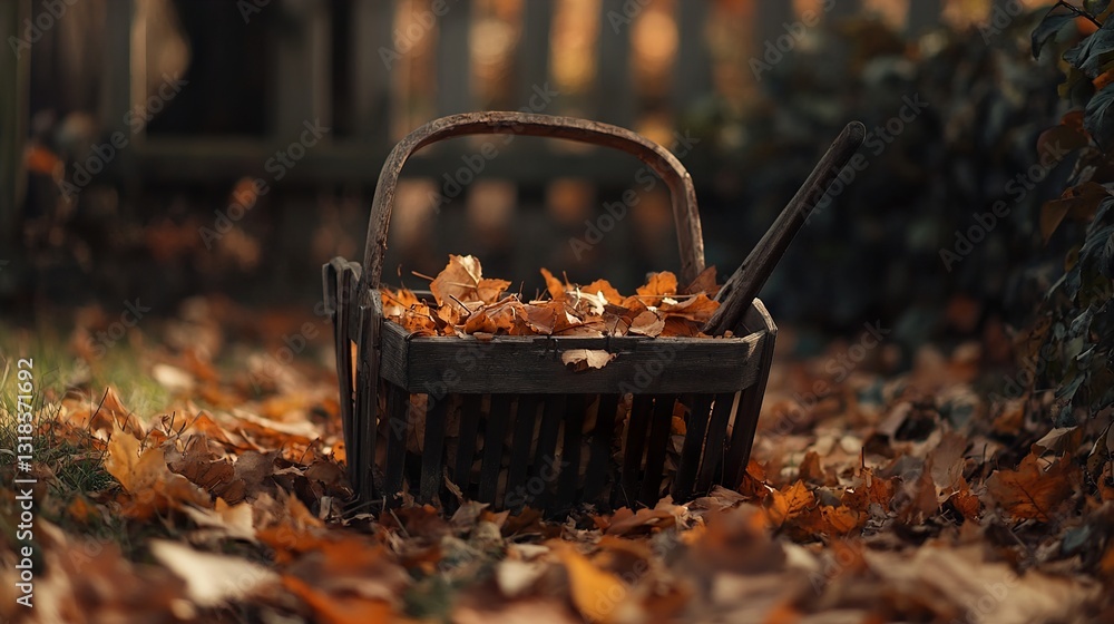 Autumn Leaves in a Rustic Wooden Basket