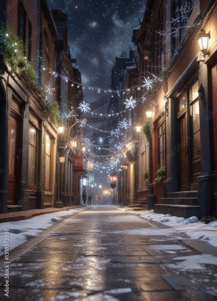 Winter festive snowflakes gently falling on a decorated city street, , snowflakes, winter wonderland Winter festive snowflakes gently falling on a decorated city street, , snowflakes, winter wonderland