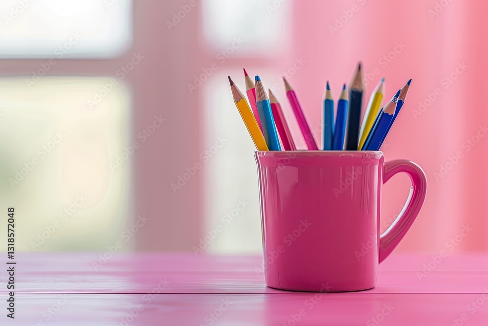 Detailed Visual of a Pink Cup with Pens Pencils and Pencils on a Table Detailed Visual of a Pink Cup with Pens Pencils and Pencils on a Table
