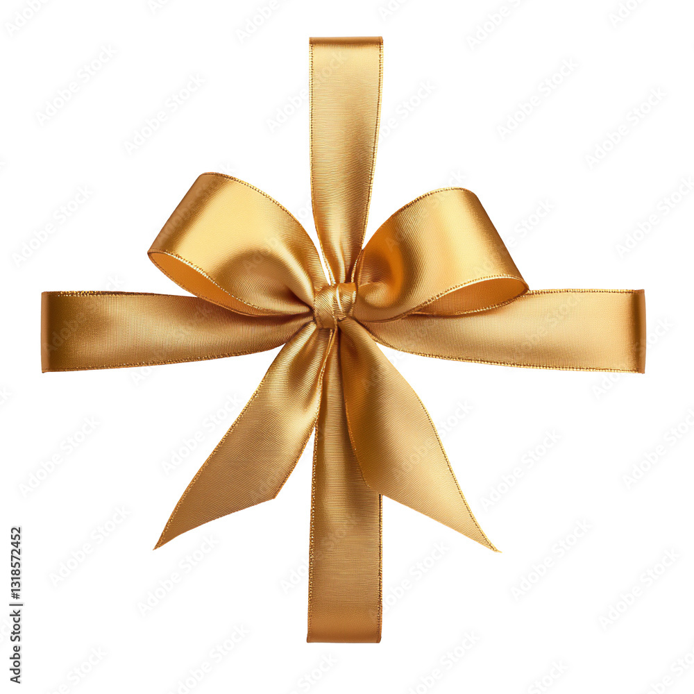 Fototapeta premium stunning golden silk ribbon, tied in an elegant symmetrical bow isolated on white