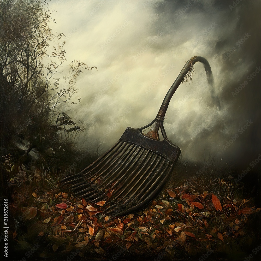 Autumnal Serenity: Rake in Misty Landscape