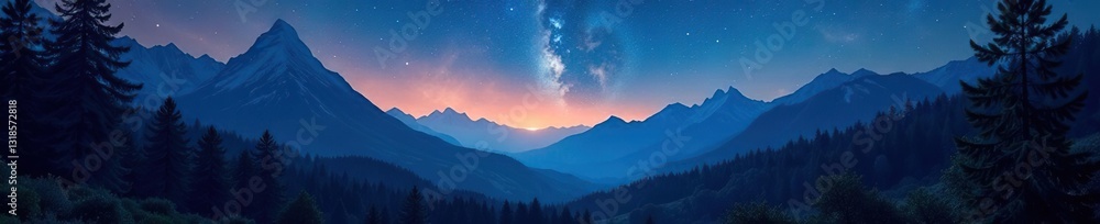 Obraz premium Landscape of a forest with starry sky and mountains, atmosphere, darkness, stars