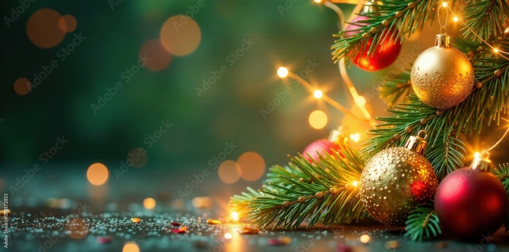 Sparkling gold garland with festive red and green ornaments, holiday, gold, ornaments Sparkling gold garland with festive red and green ornaments, holiday, gold, ornaments