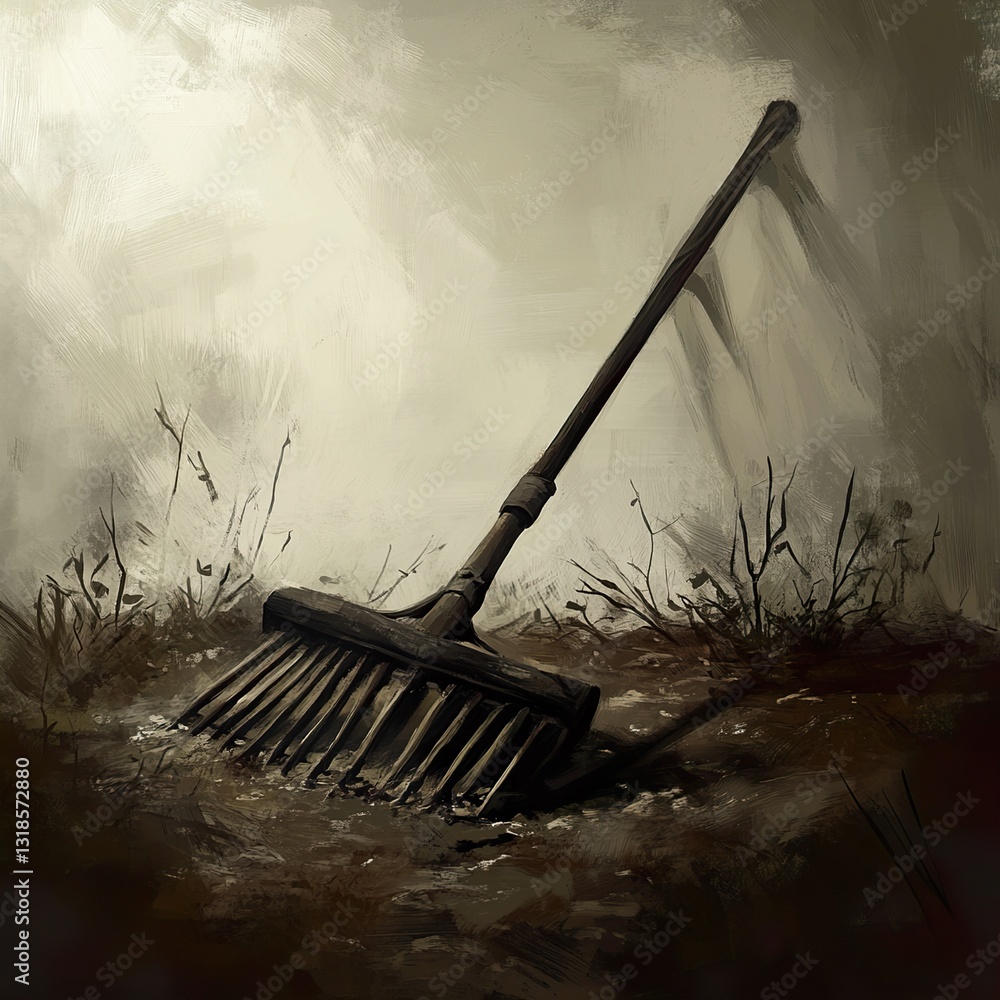 Forgotten Rake in Autumnal Landscape