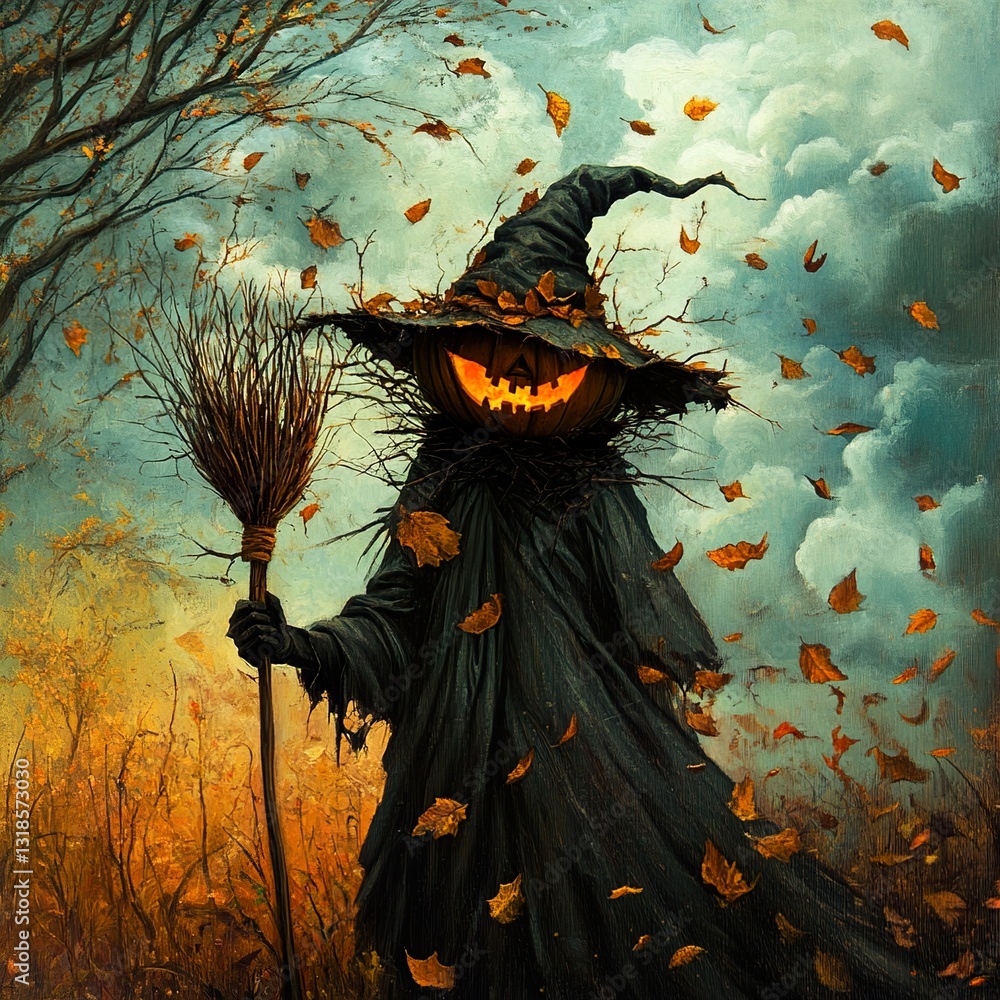 Spooky Halloween Scarecrow in Autumn Leaves