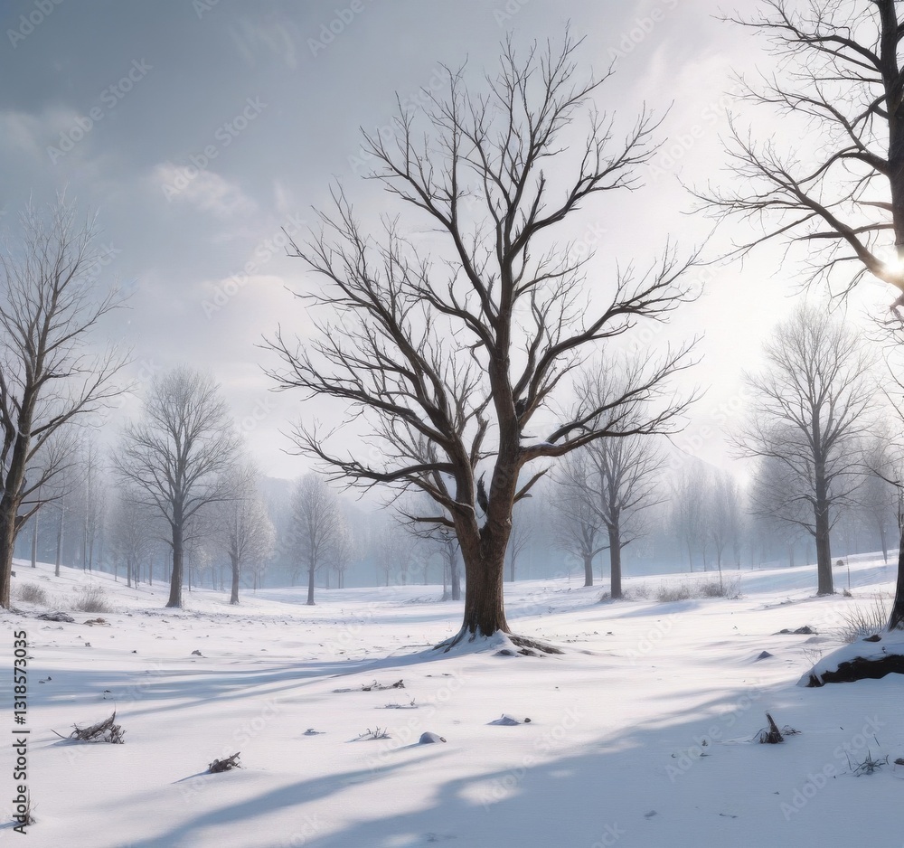 Winter trees bare branches against snowy landscape , botanical, seasons, landscape Winter trees bare branches against snowy landscape , botanical, seasons, landscape