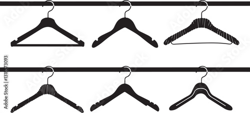 Clothes hanger silhouette vector set coat hangers, closet hooks, plastic and wooden hangers, laundry, garment storage icons