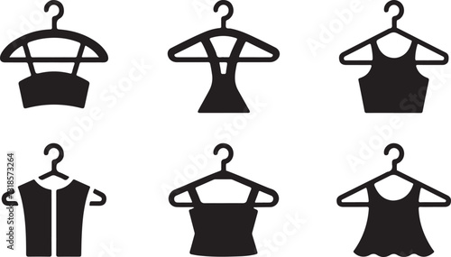 Clothes hanger silhouette vector set coat hangers, closet hooks, plastic and wooden hangers, laundry, garment storage icons