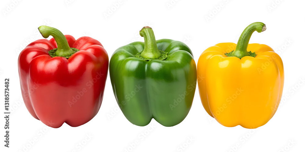 Three Bell Peppers (Red, Green, Yellow) on White, Colorful Fresh Peppers, Healthy Vegetables, Cut Out Three Bell Peppers (Red, Green, Yellow) on White, Colorful Fresh Peppers, Healthy Vegetables, Cut Out