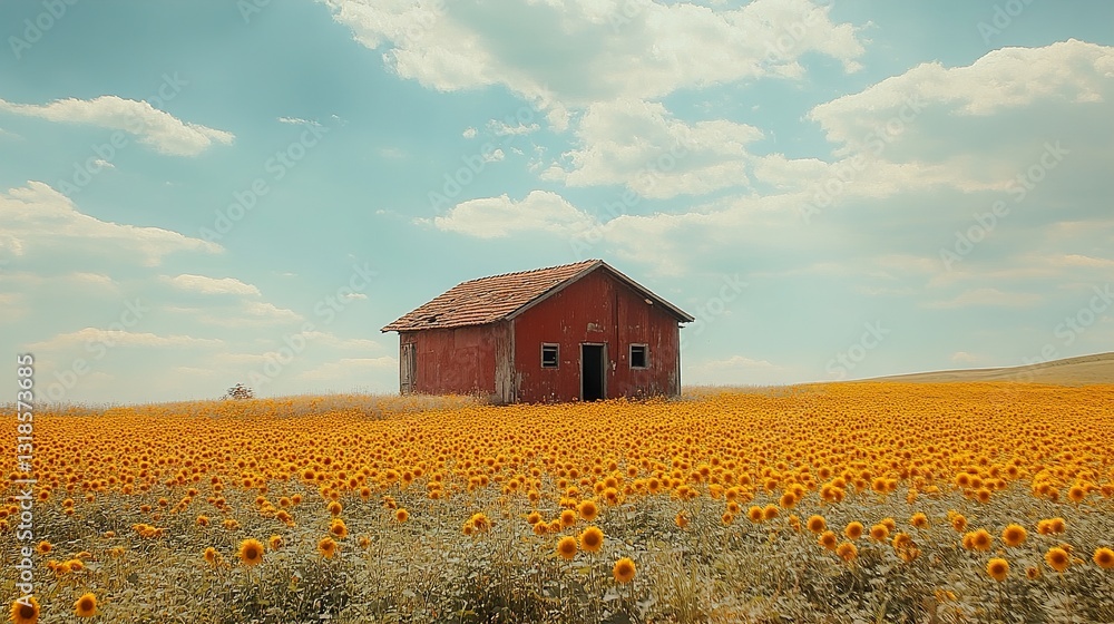 Red Barn in a Sunflower Field: A Summer Landscape