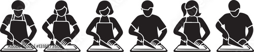 Vector set of people chopping food on cutting boards, black and white kitchen prep icons showing men and women cooking in aprons and chef hats