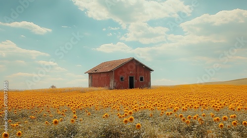 Obraz na płótnie Red Barn in a Sunflower Field: A Summer Landscape w salonie