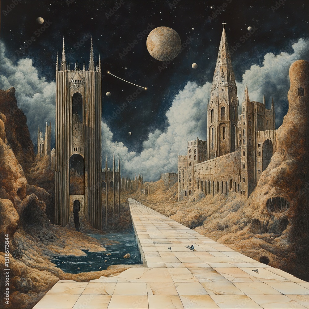 Surreal Gothic Cityscape: A Mystical Night Scene