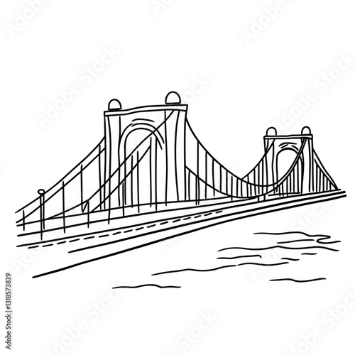 Minimalist line drawing of a bridge over water  