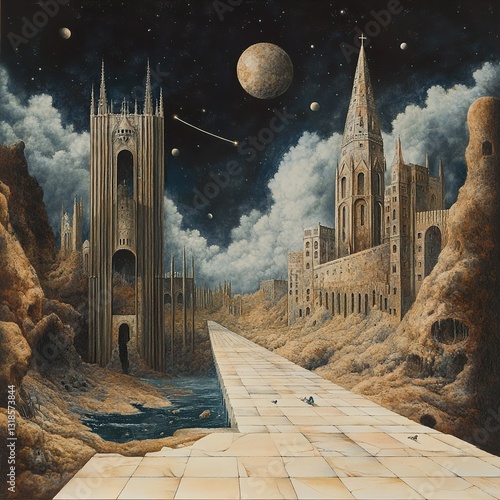 Obraz na płótnie Surreal Gothic Cityscape: A Mystical Night Scene w salonie