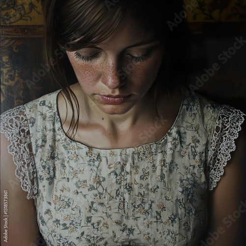 Pensive Woman in Floral Dress: A Realistic Portrait