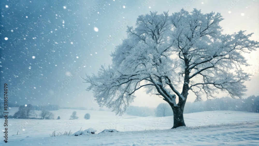 A solitary tree stands tall against a backdrop of falling snow, the branches adorned with a delicate layer of frost, creating a serene and wintery scene. A solitary tree stands tall against a backdrop of falling snow, the branches adorned with a delicate layer of frost, creating a serene and wintery scene.
