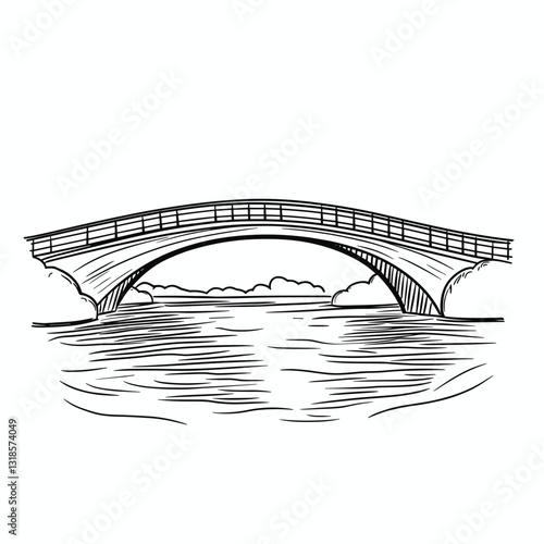 Bridge outline over water with clouds in minimalist style  