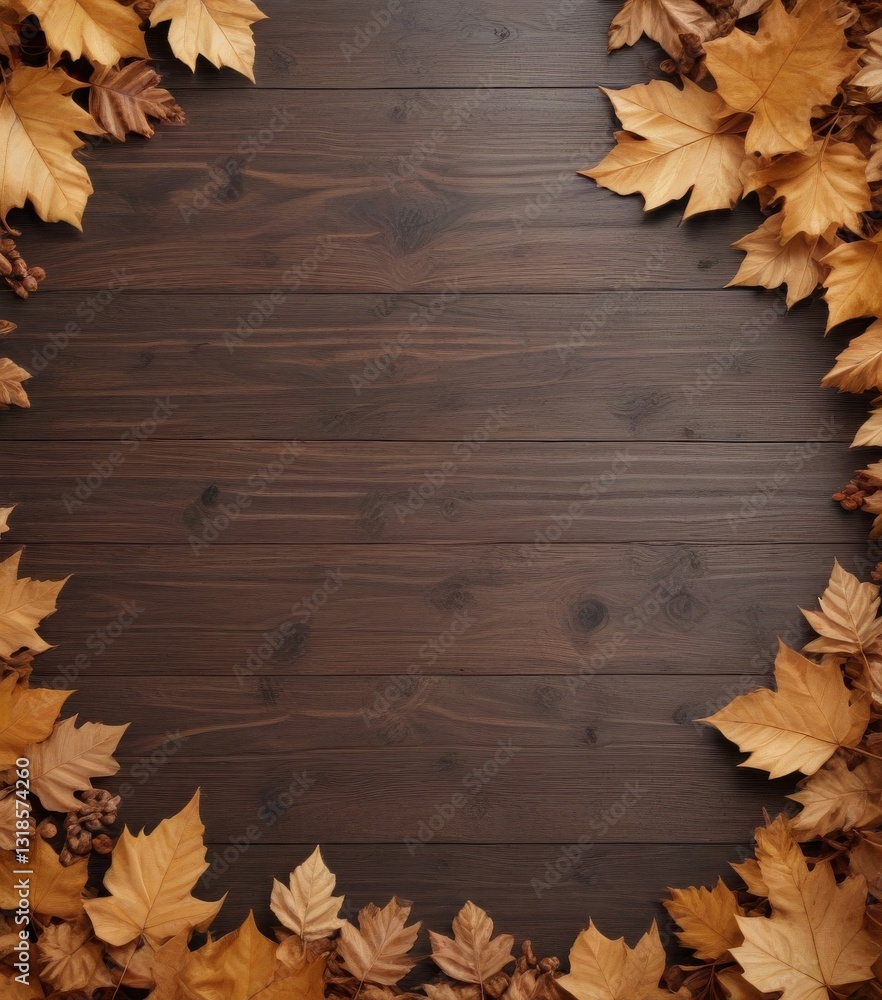 Obraz premium Wood grain texture background with fallen leaves, leaves, forest floor, wooden