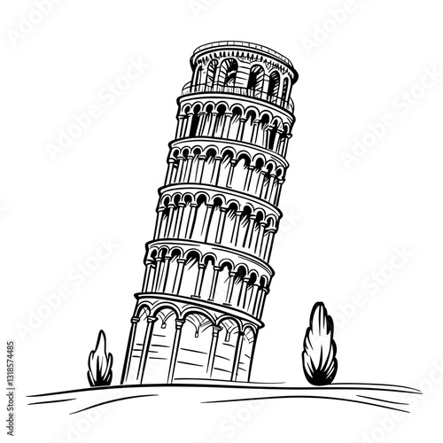 Leaning Tower of Pisa sketch illustration with trees  