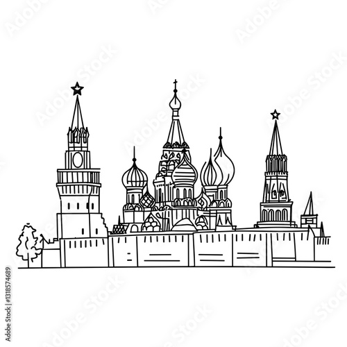  Black and white Kremlin illustration with Saint Basil’s Cathedral.