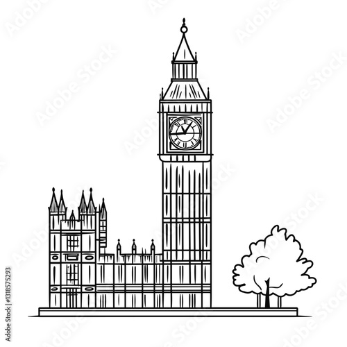 Big Ben and Houses of Parliament in line drawing