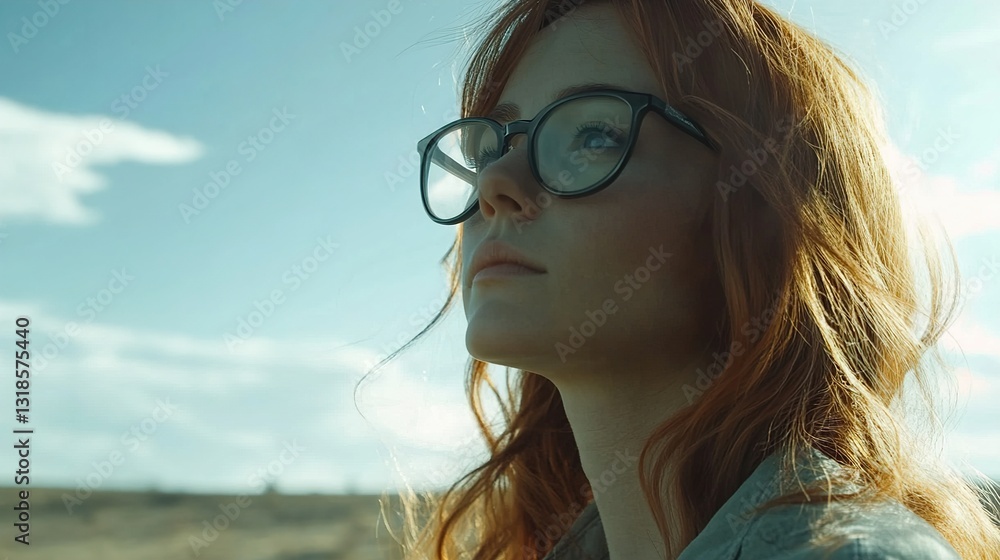 Redhead Woman in Glasses Contemplating under a Sunny Sky