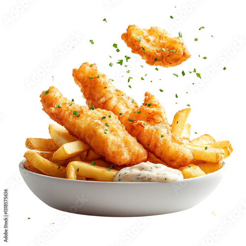 A Savory Crispy Fish and Chips Platter with Tartar Sauce Isolated on Transparent Background