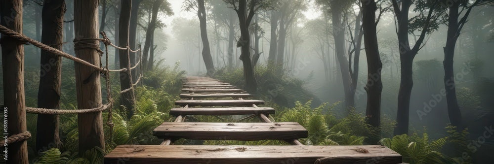 Wooden plank with rope ladder leading to a mysterious forest in the background , wilderness, rope ladder Wooden plank with rope ladder leading to a mysterious forest in the background , wilderness, rope ladder