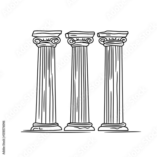 Three ccolumns, classical, architecture, line drawing, ancient, Greece, Rome, pillar, historic, structure, support, Ionic, Doric, Corinthian, monument, illustration, herilassical columns line drawing.