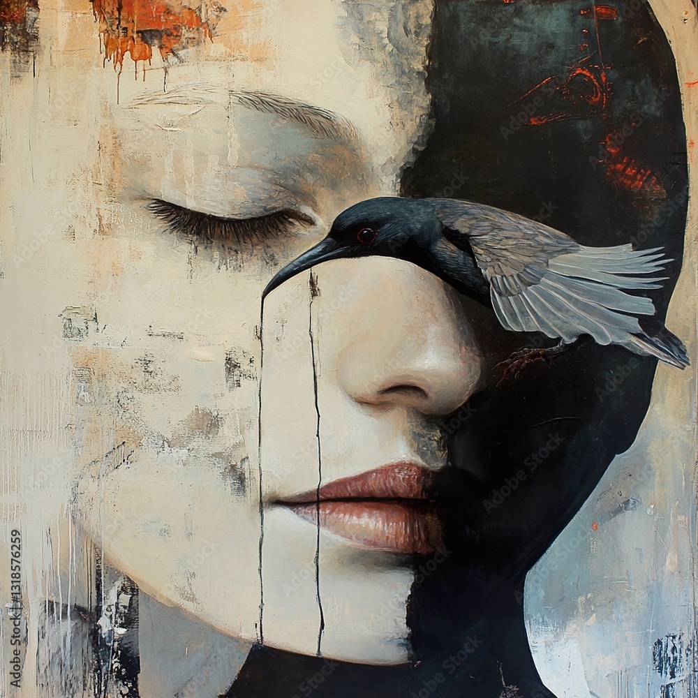 Mysterious Woman and Raven: A Surreal Portrait