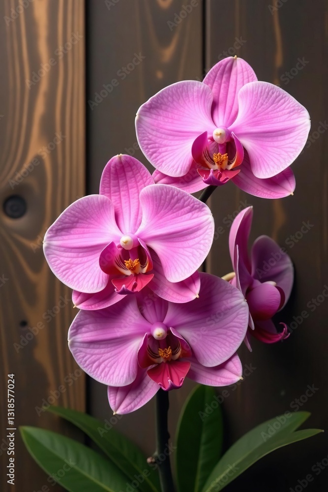 Fototapeta premium Exquisite orchid pink flowers in a floral arrangement on a wooden background, wooden, pink, elegant