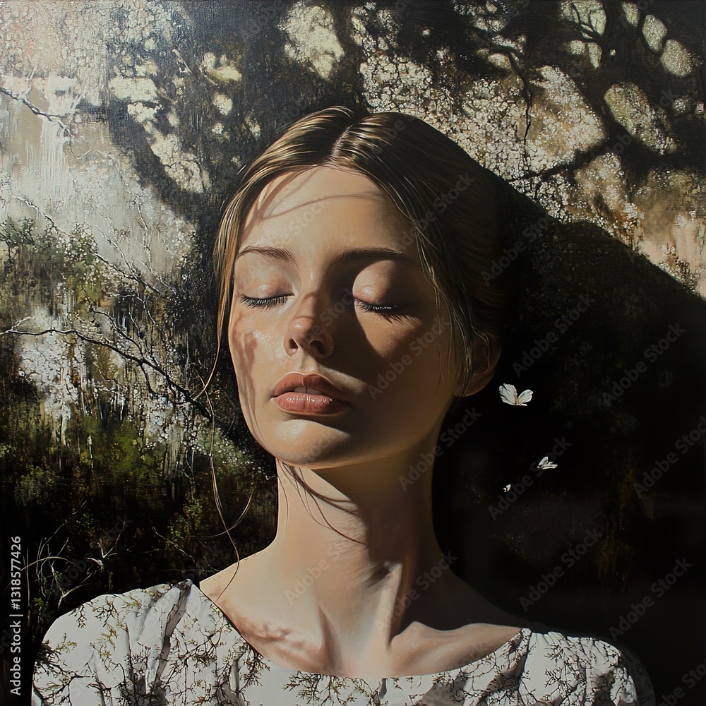 Serene Woman Portrait: Sunlight and Shadow