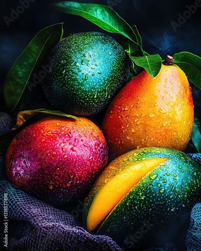 Fresh mangoes with water droplets and leaves.