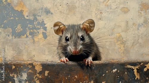 Obraz na płótnie Closeup of a Mouse on a Weathered Wall w salonie