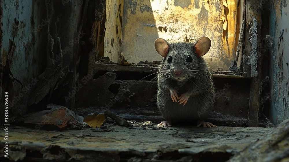 A Close-Up Portrait of a Rat in a Decaying Building