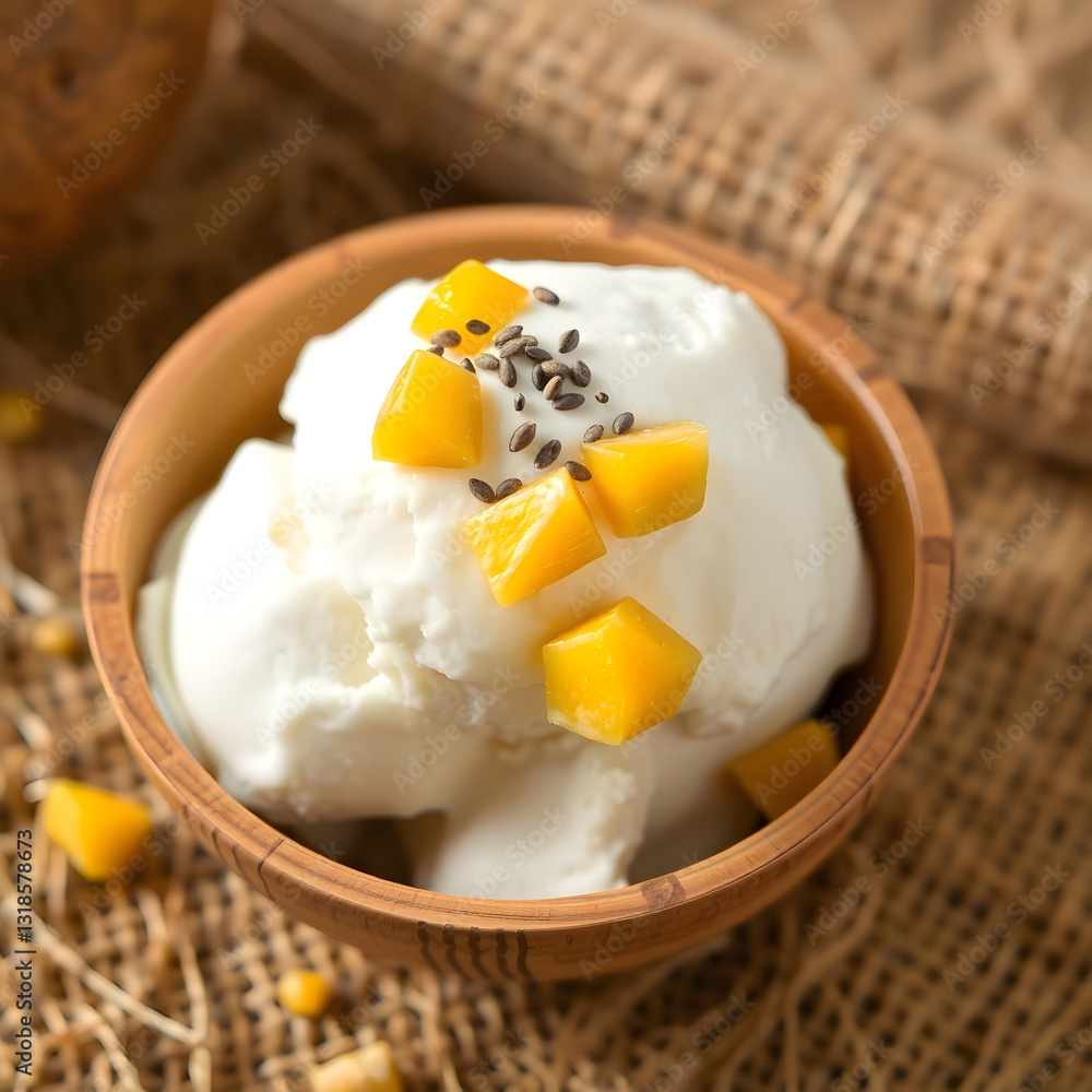 Coconut ice cream decorated with diced mango and chia seeds in wooden bowl Coconut ice cream decorated with diced mango and chia seeds in wooden bowl