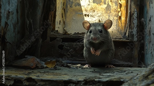 Obraz na płótnie A Close-Up Portrait of a Rat in a Decaying Building w salonie