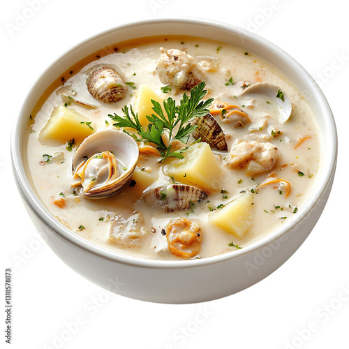 A Bowl of American Clam Chowder Creamy Soup Isolated on Transparent Background