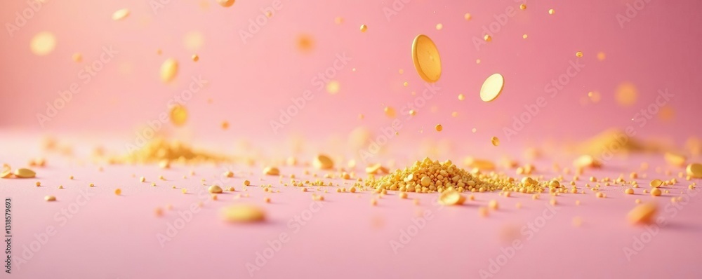 Glittering golden flakes fall onto pastel pink surface, golden, shine Glittering golden flakes fall onto pastel pink surface, golden, shine