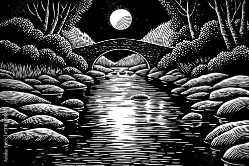 beautiful river with bridge at night with moon black and white hand drawn sketch