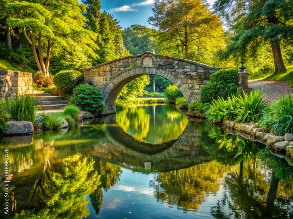 Serene Garden Bridge: Architectural Photography - Peaceful Stone Archway Over Water Serene Garden Bridge: Architectural Photography - Peaceful Stone Archway Over Water