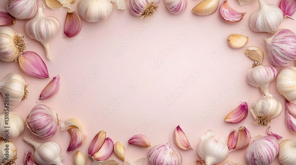 Obraz premium Fresh garlic bulbs and cloves arranged on a soft pink background